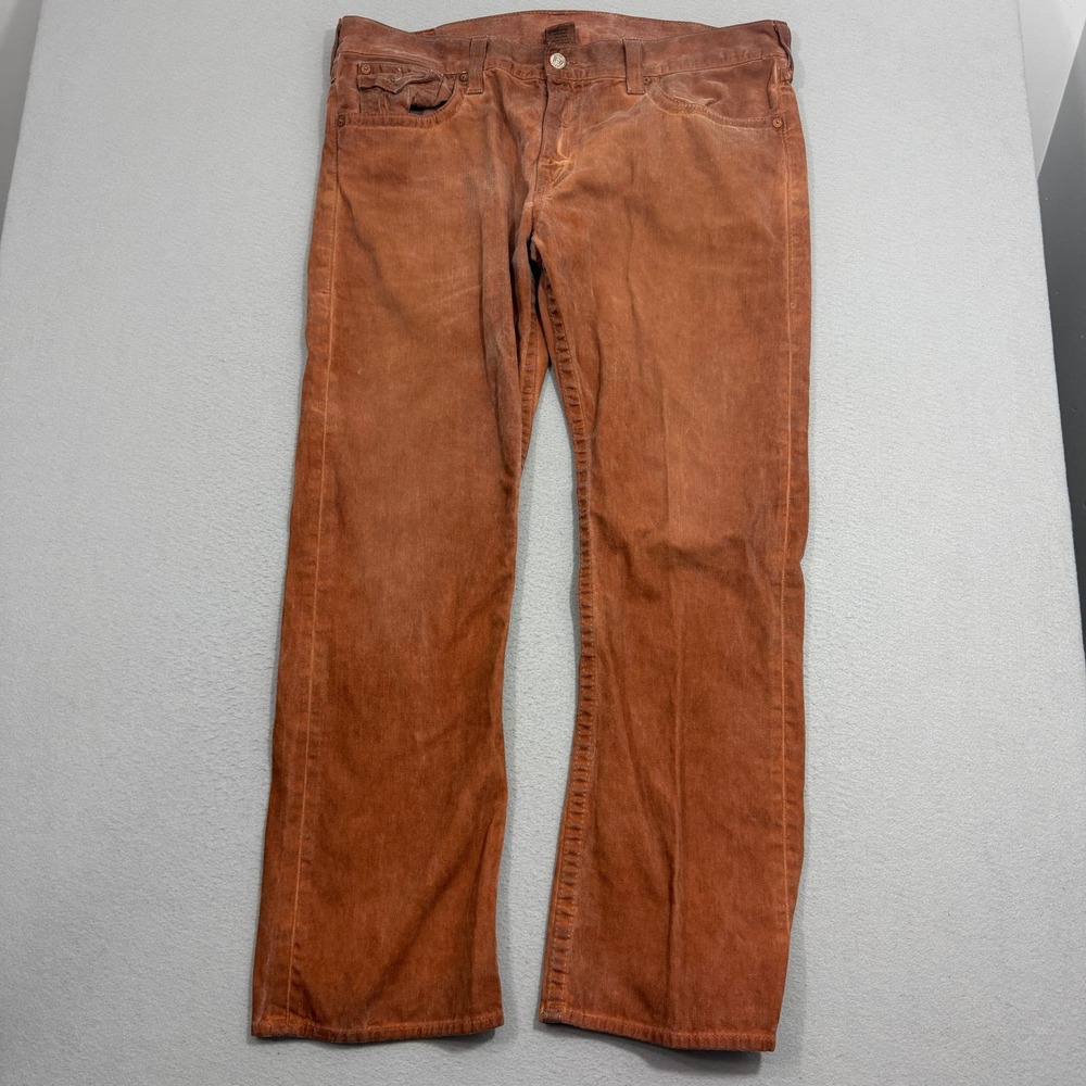 True Religion Jeans Men's 42x34 Orange Brown Ricky Straight Leg Made In USA Flap